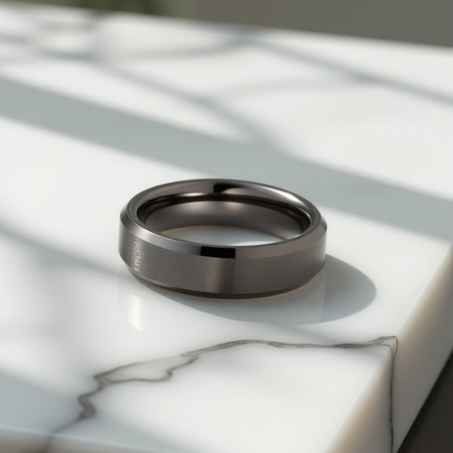 The Driven gunmetal grey tungsten menโs ring featuring a brushed centre and polished bevelled edges โ perfect as a wedding or statement ring.