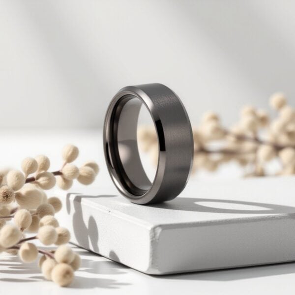 Driven men’s gunmetal grey tungsten ring with brushed centre, polished bevelled edges, and custom personalised engraving option.