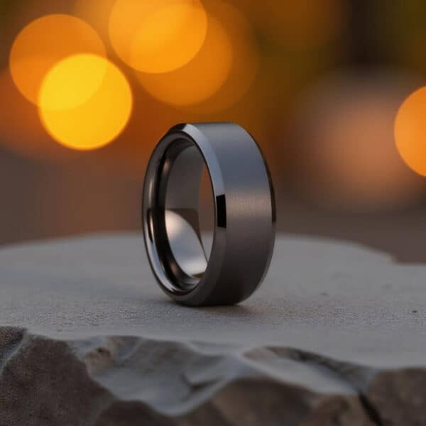 Mans gunmetal grey tungsten ring with a brush effect finish