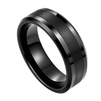 Close-up of the Spirit black tungsten carbide ring with a brushed centre and polished bevelled edges on a white background.