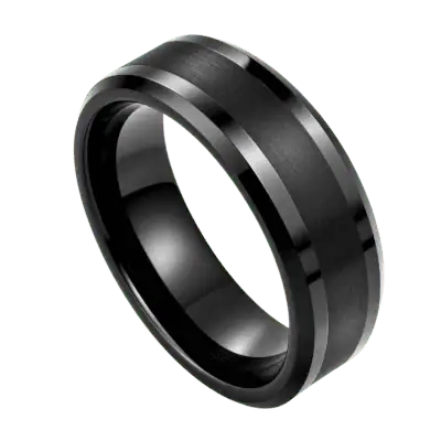 Close-up of the Spirit black tungsten carbide ring with a brushed centre and polished bevelled edges on a white background.