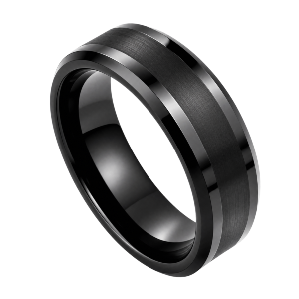 Close-up of the Spirit black tungsten carbide ring with a brushed centre and polished bevelled edges on a white background.