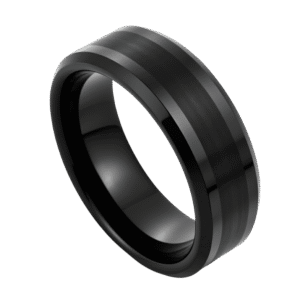 Black tungsten ring for men, polished bevelled edges and brushed centre, mens wedding band or statement ring with engraving.