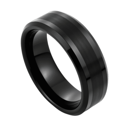 Black tungsten ring for men, polished bevelled edges and brushed centre, mens wedding band or statement ring with engraving.