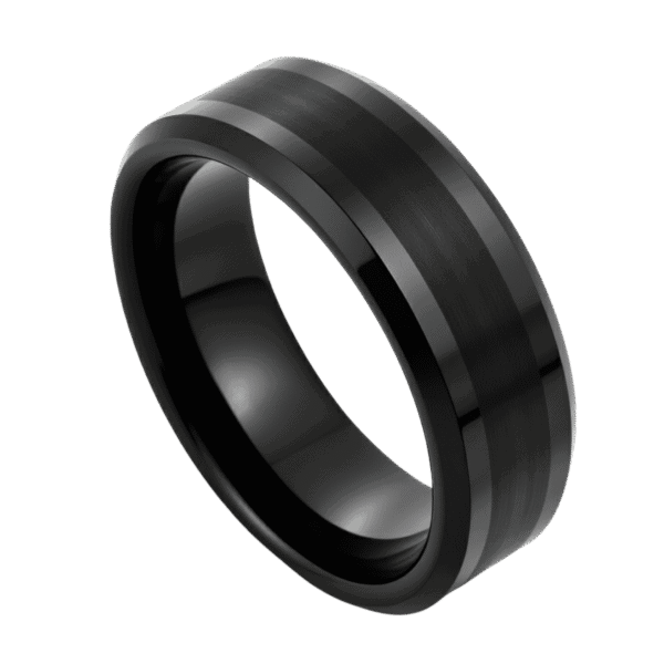 Black tungsten ring for men, polished bevelled edges and brushed centre, mens wedding band or statement ring with engraving.