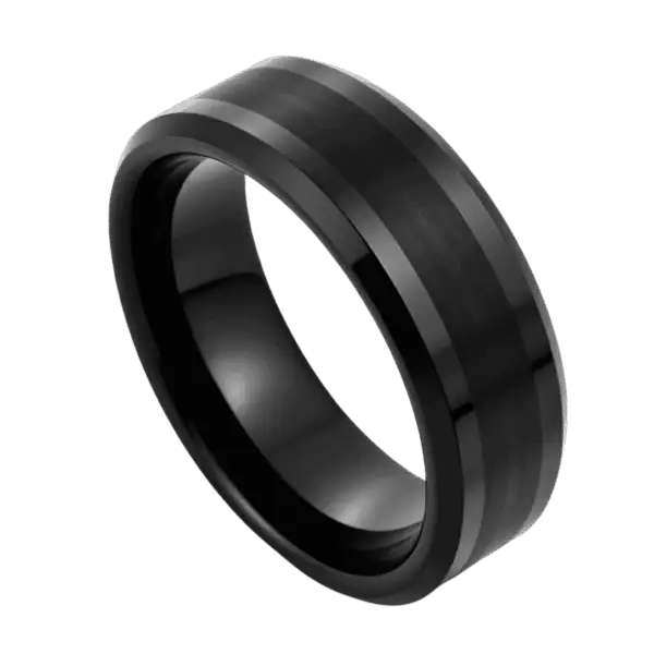 Black tungsten ring for men, polished bevelled edges and brushed centre, mens wedding band or statement ring with engraving.