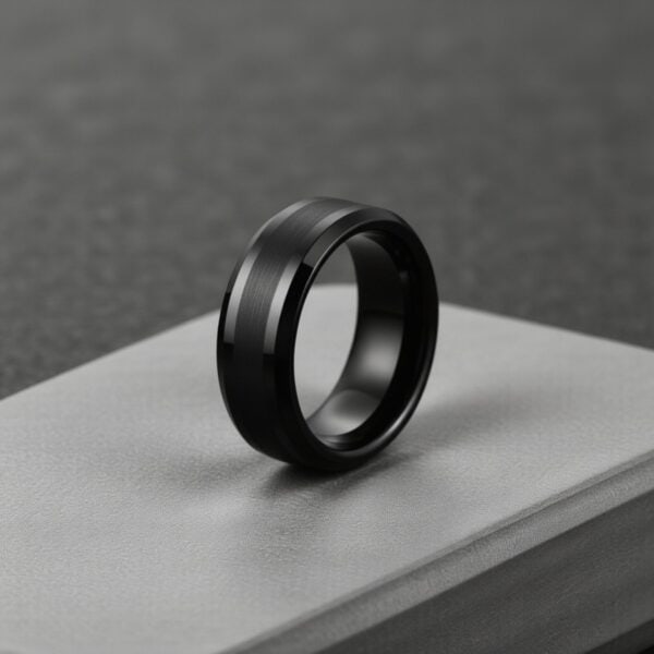 Polished black tungsten mens ring with brushed black centre and bevelled edges, gents wedding or eternity ring
