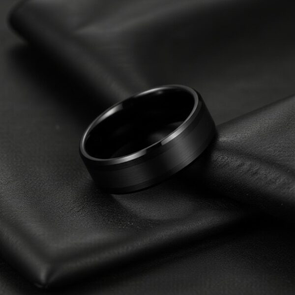 Brushed and polished black tungsten ring for men, durable 6mm or 8mm wedding band or fashion statement ring.