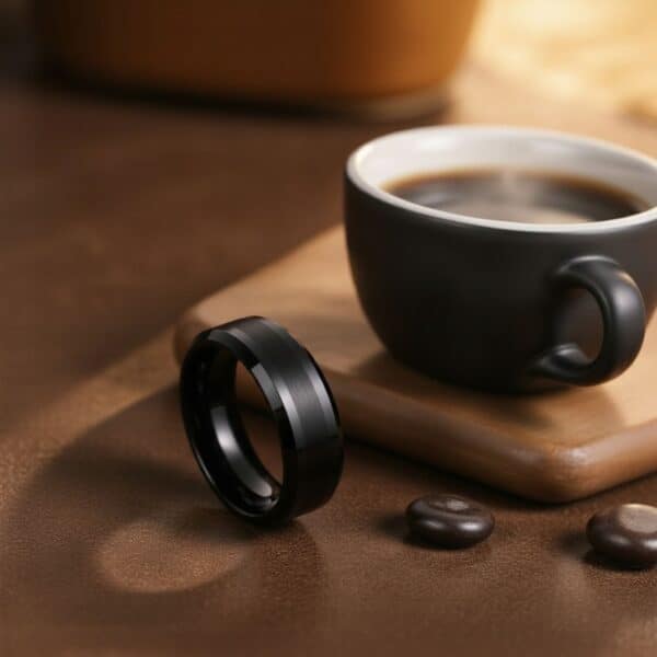 Black tungsten ring for men, brushed and polished two-tone band, gents wedding or engagement ring with engraving.