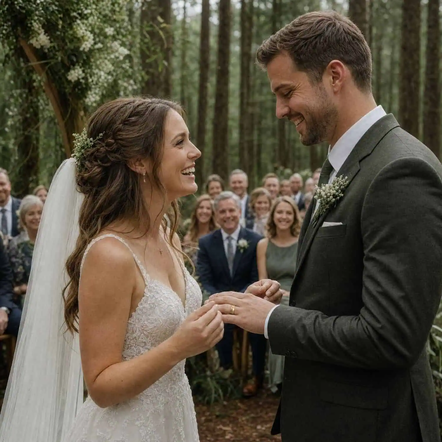 Bride and groom holding hands during their woodland wedding ceremony as the groom wears the Splendour hammered gold tungsten wedding band with natural antler inlay.