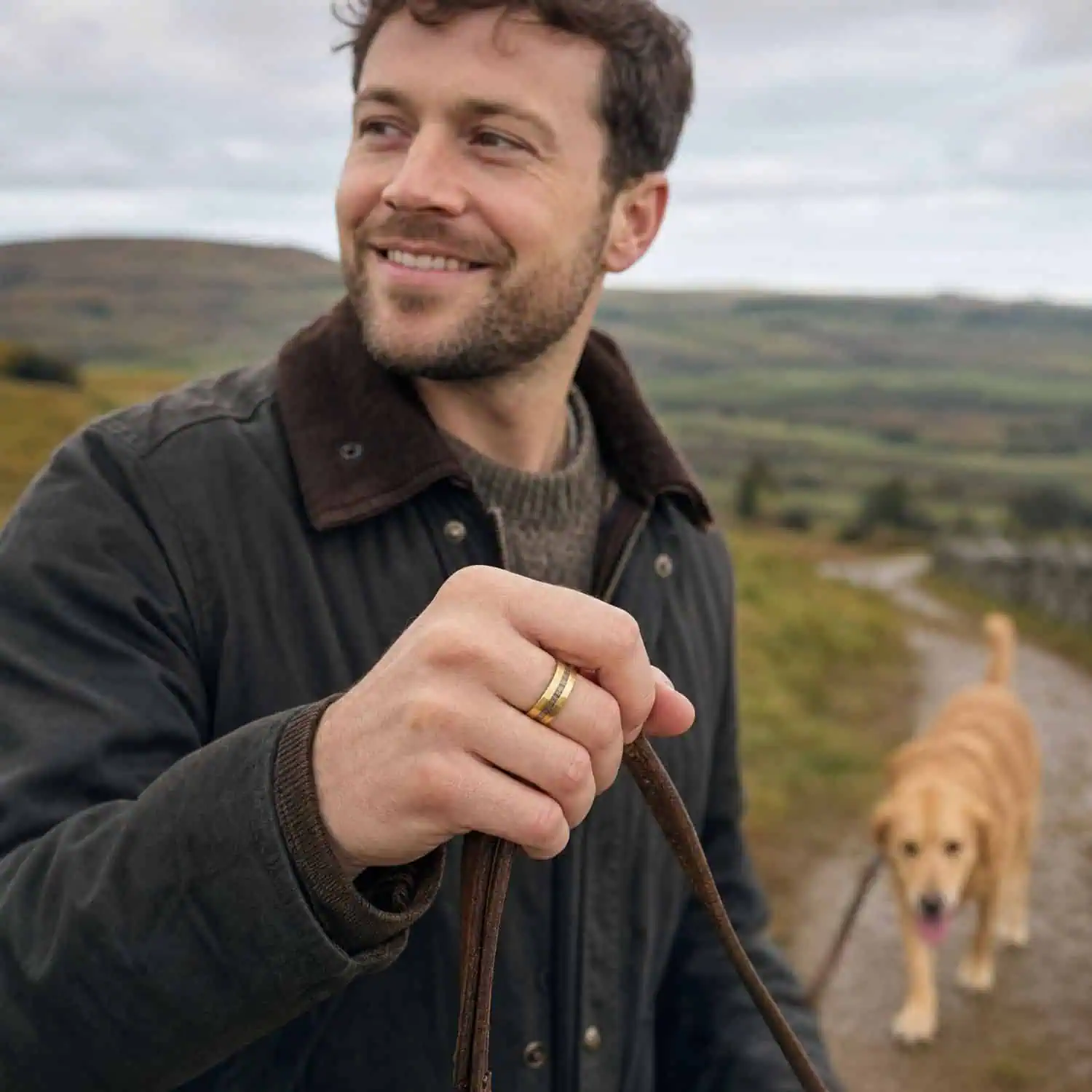 Man walking his dog while wearing the Splendour hammered gold tungsten carbide ring with a natural antler inlay.
