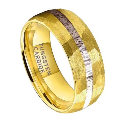 Mens tungsten ring gold hammered with inlay of antler