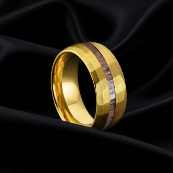 The Splendour men’s hammered gold tungsten and antler eternity ring with custom engraving.