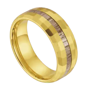 The Splendour hammered gold tungsten and antler men’s wedding band with personalised engraving.