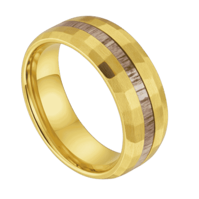 The Splendour hammered gold tungsten and antler men’s wedding band with personalised engraving.