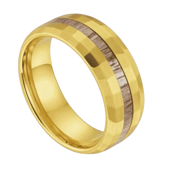 The Splendour hammered gold tungsten and antler men’s wedding band with personalised engraving.