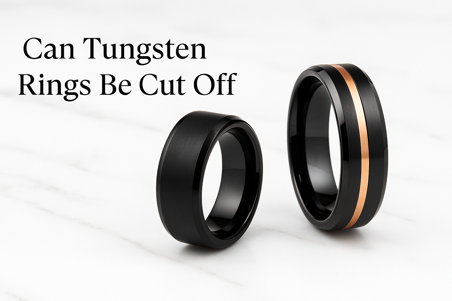 Two black tungsten rings with brushed and accented finishes displayed on a white marble surface, with the text “Can Tungsten Rings Be Cut Off” above.