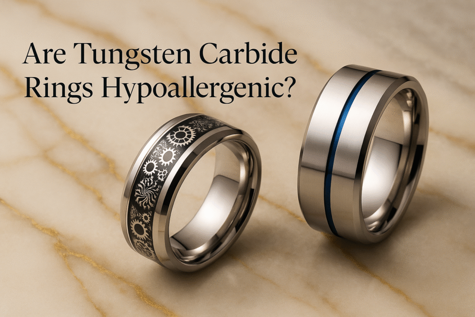 Two tungsten carbide rings with intricate and minimalist designs on a beige marble background, with the text “Are Tungsten Carbide Rings Hypoallergenic?” above.