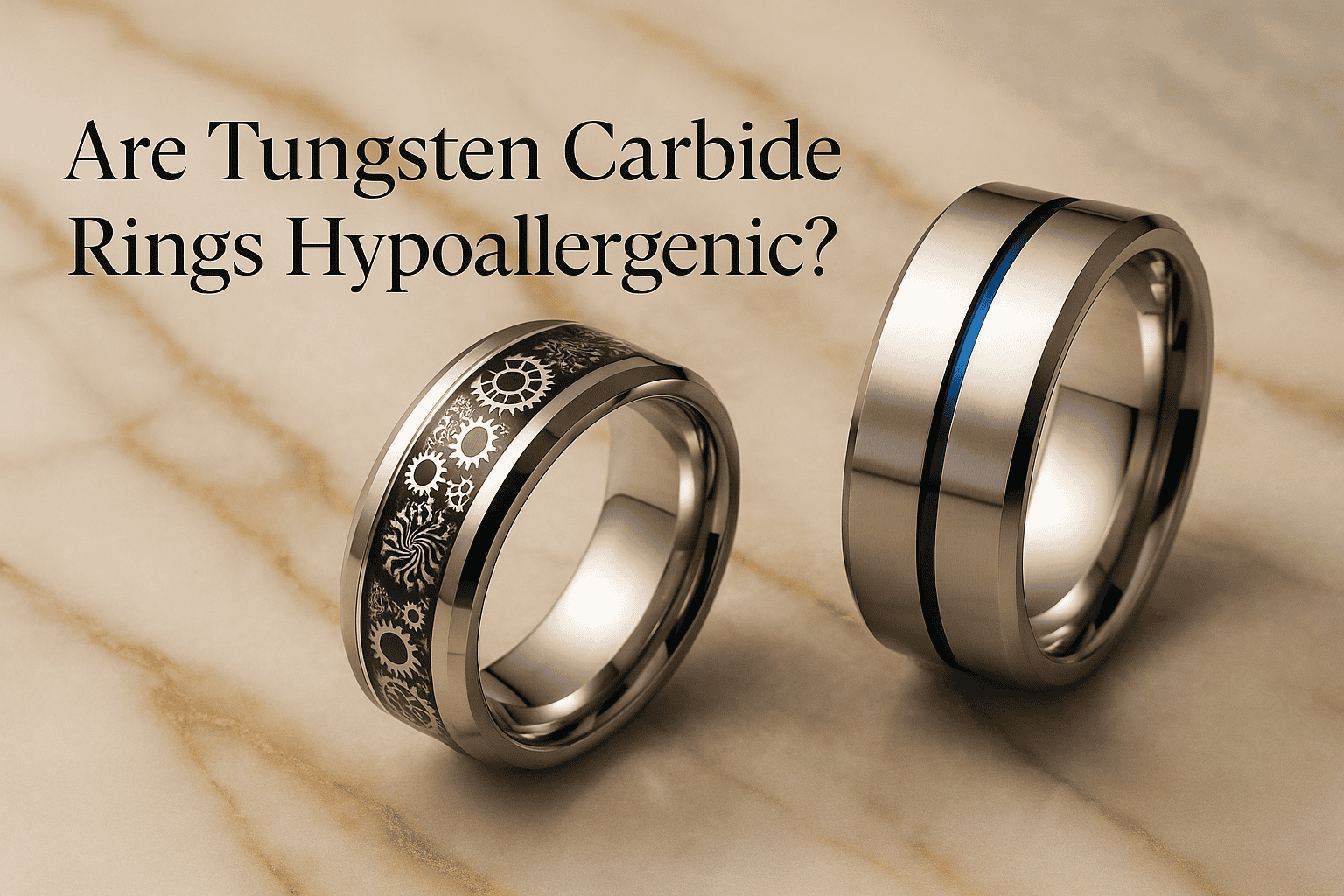 Tungsten carbide wedding rings with intricate gears pattern and sleek modern design, hypoallergenic and durable, suitable for couples seeking stylish and hypoallergenic wedding bands.