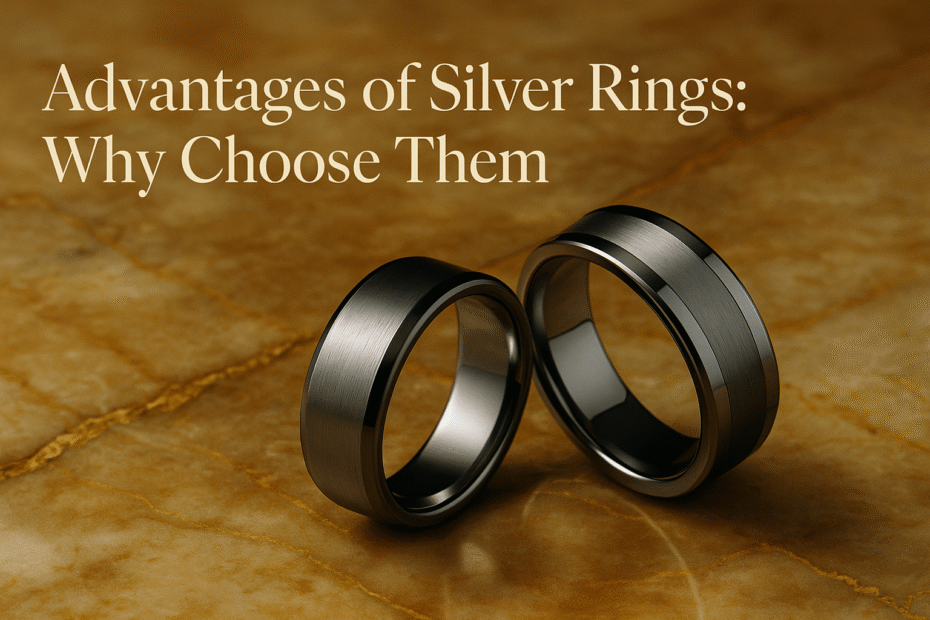 Two silver rings placed on a warm golden stone surface with the text “Advantages of Silver Rings: Why Choose Them” above.
