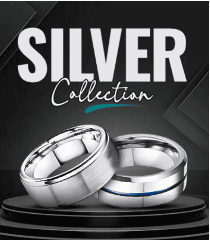 Showcasing the sleek and modern Silver Collection from Newman Bands, featuring two stylish silver rings with a polished and blue inlay design.