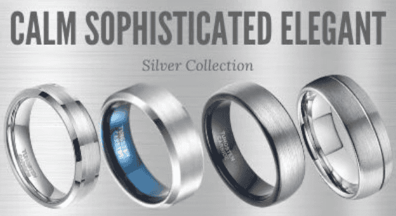Four men’s silver rings from the Silver Collection, each featuring a unique brushed or polished finish, are displayed under the words “Calm, Sophisticated, Elegant” on a sleek silver background, showcasing modern and refined design.