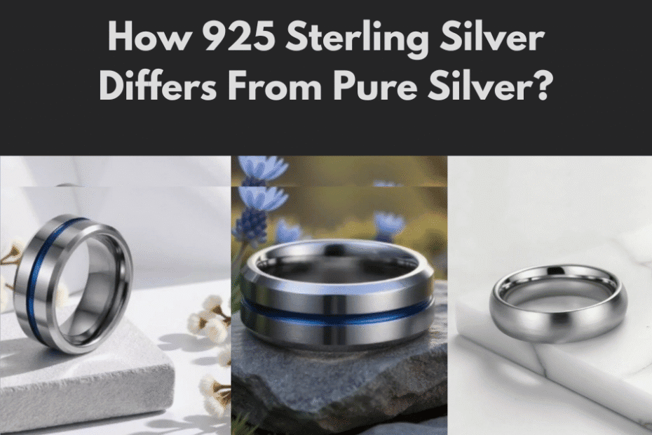 Three silver rings with modern designs, showcasing differences between sterling silver and pure silver.