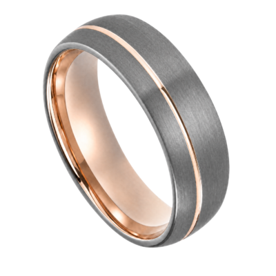 Close-up of the Halo gunmetal grey tungsten ring with an off-centre rose gold groove and polished rose gold interior on a white background.