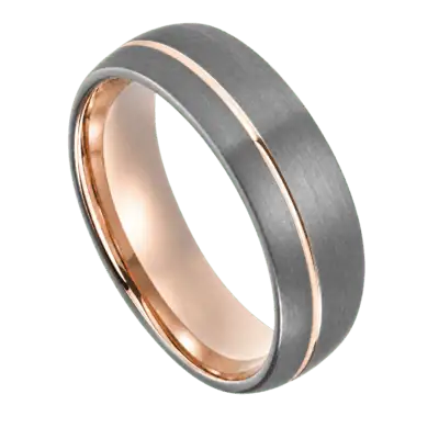 Close-up of the Halo gunmetal grey tungsten ring with an off-centre rose gold groove and polished rose gold interior on a white background.