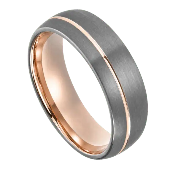 Close-up of the Halo gunmetal grey tungsten ring with an off-centre rose gold groove and polished rose gold interior on a white background.
