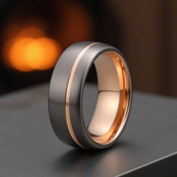Gunmetal Grey Ring for Him -Tungsten - with Rose Gold Groove