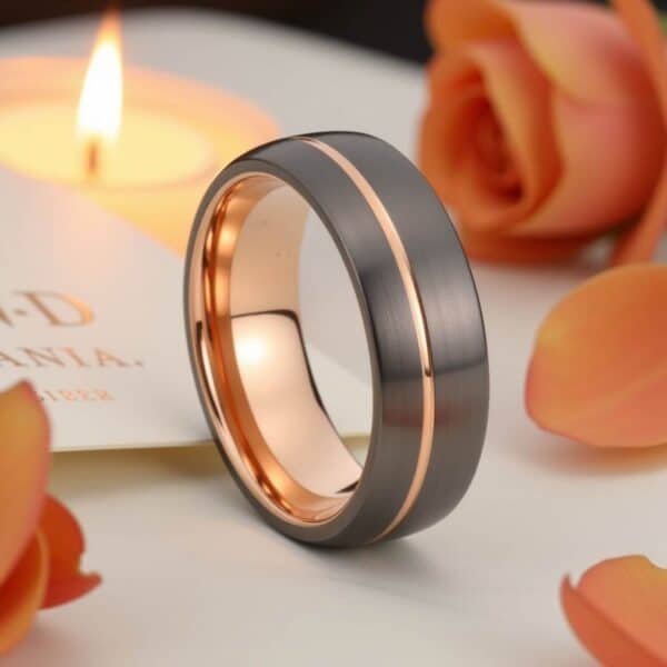 Stylish and unique gents wedding band or engagement ring made with tungsten