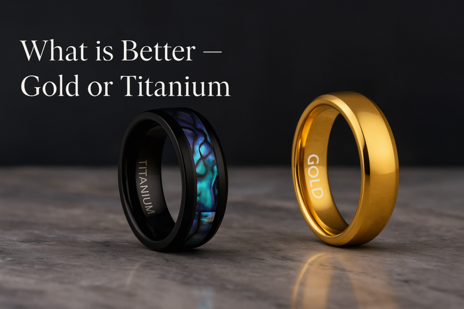 A gold ring and a titanium ring displayed side by side on a marble surface with the text “What is Better — Gold or Titanium” above.