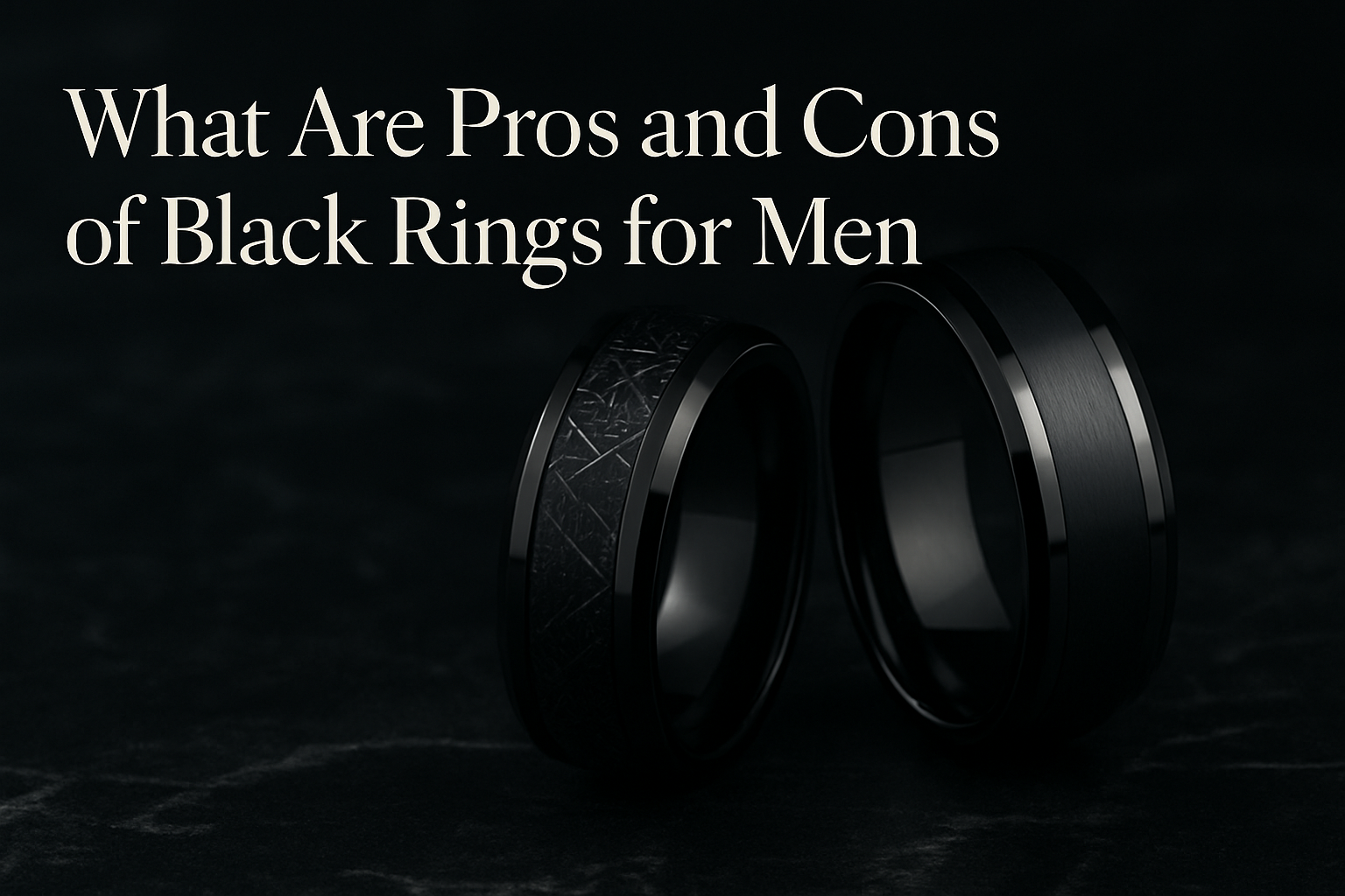 Two black men’s rings on a dark textured surface with the text “What Are Pros and Cons of Black Rings for Men” above.
