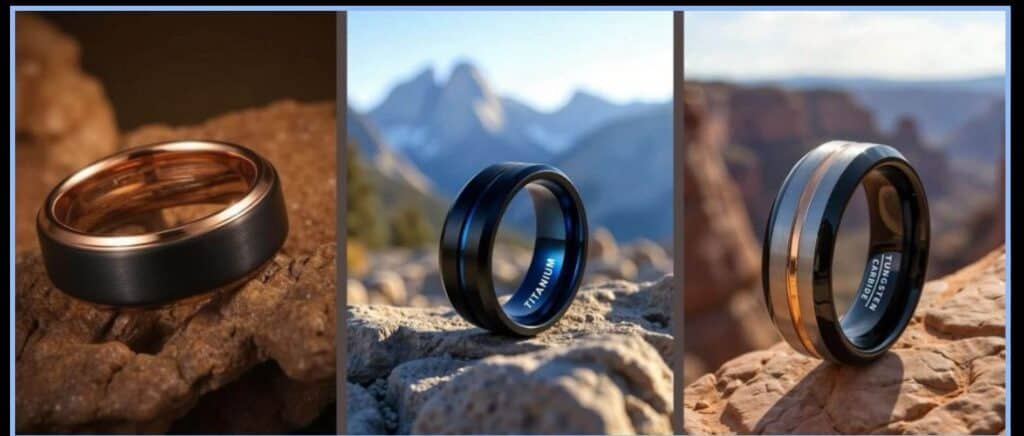 Three men's rings displayed on rocky surfaces in outdoor settings. The first is a black ring with a rose gold interior, the second is a black titanium ring with blue accents, and the third is a tungsten carbide ring with black, silver, and copper tones. Each ring is photographed with a natural mountain or canyon background.