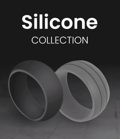 Two black silicone rings from the "Silicone Collection" displayed on a dark background. One ring has a smooth matte finish, and the other features subtle groove detailing, representing a modern, durable alternative to traditional metal rings.