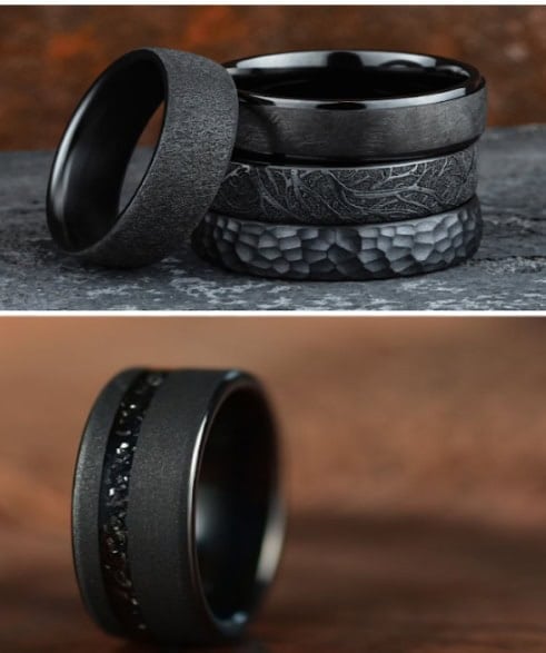 Collage of elegant men’s rings in a limited edition collection, featuring matte black, polished silver, gold, and diamond-accented designs shown on hands and display stands
