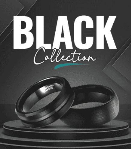 Two men’s matte black tungsten wedding rings from the Black Collection displayed on a podium with a bold text background