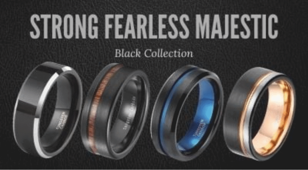 Four men’s black rings from the Strong Fearless Majestic Black Collection featuring polished wood inlay, blue-accented, and rose gold-lined tungsten bands on a leather-textured background
