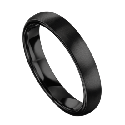 Close-up of the Raven 4mm black titanium ring with a slim brushed matte finish and minimalist design on a white background.