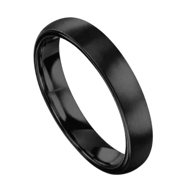 Close-up of the Raven 4mm black titanium ring with a slim brushed matte finish and minimalist design on a white background.
