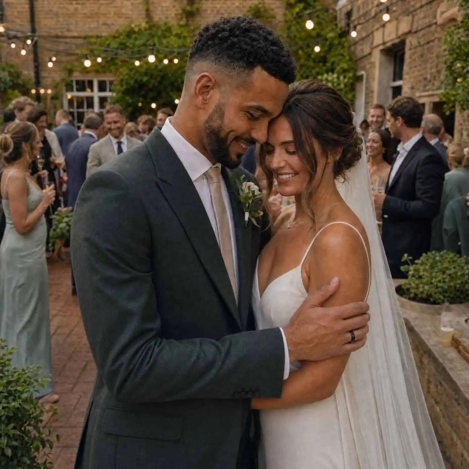 Smiling bride and groom embracing at their courtyard wedding while the groom wears the Raven slim brushed black titanium wedding ring.