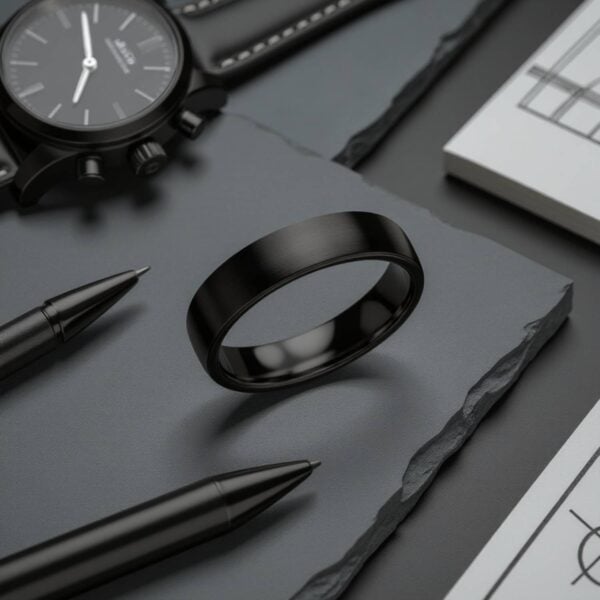 A slim style mans black titanium ring. Ideal as a male fashion statement band.