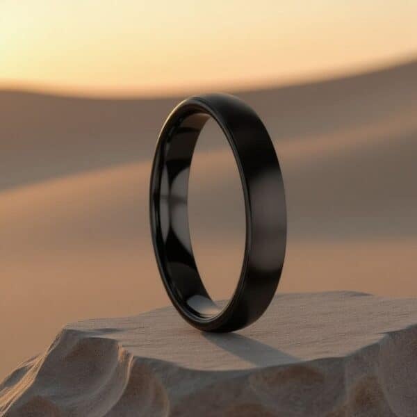 A thin style mens wedding band. This black titanium ring is ideal as a mans fashion ring.