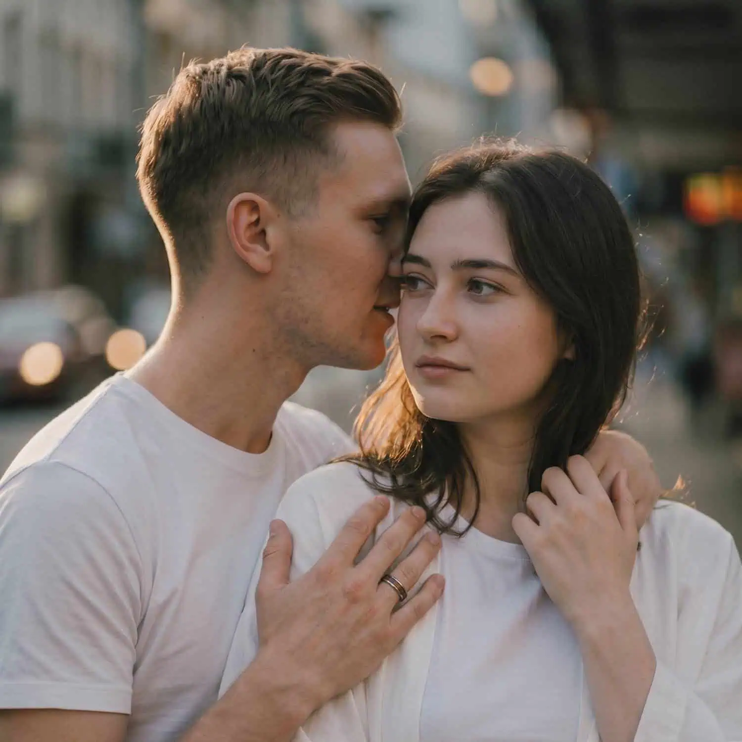 Couple embracing in the city with the man wearing the Woodrow men's wedding ring featuring a polished silver tungsten band and natural wood inlay.