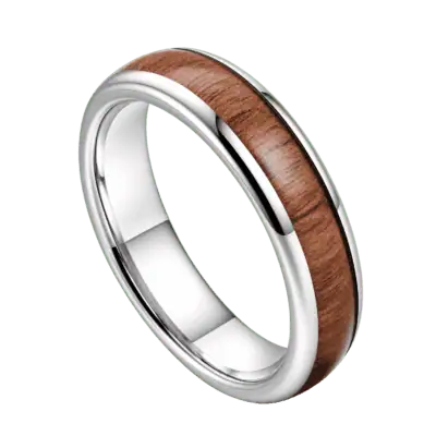Close-up of the Woodrow polished silver tungsten ring with a natural wood inlay through the centre, showcasing the unique wood grain.