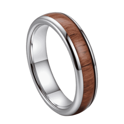 The Woodrow men’s tungsten and wood wedding band with silver finish and personalised engraving option.