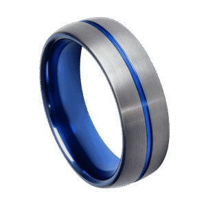 A gunmetal grey tungsten ring that has a brushed finish. This ring is made distinctive by its vibrant groove of blue that runs through the centre of the ring.
