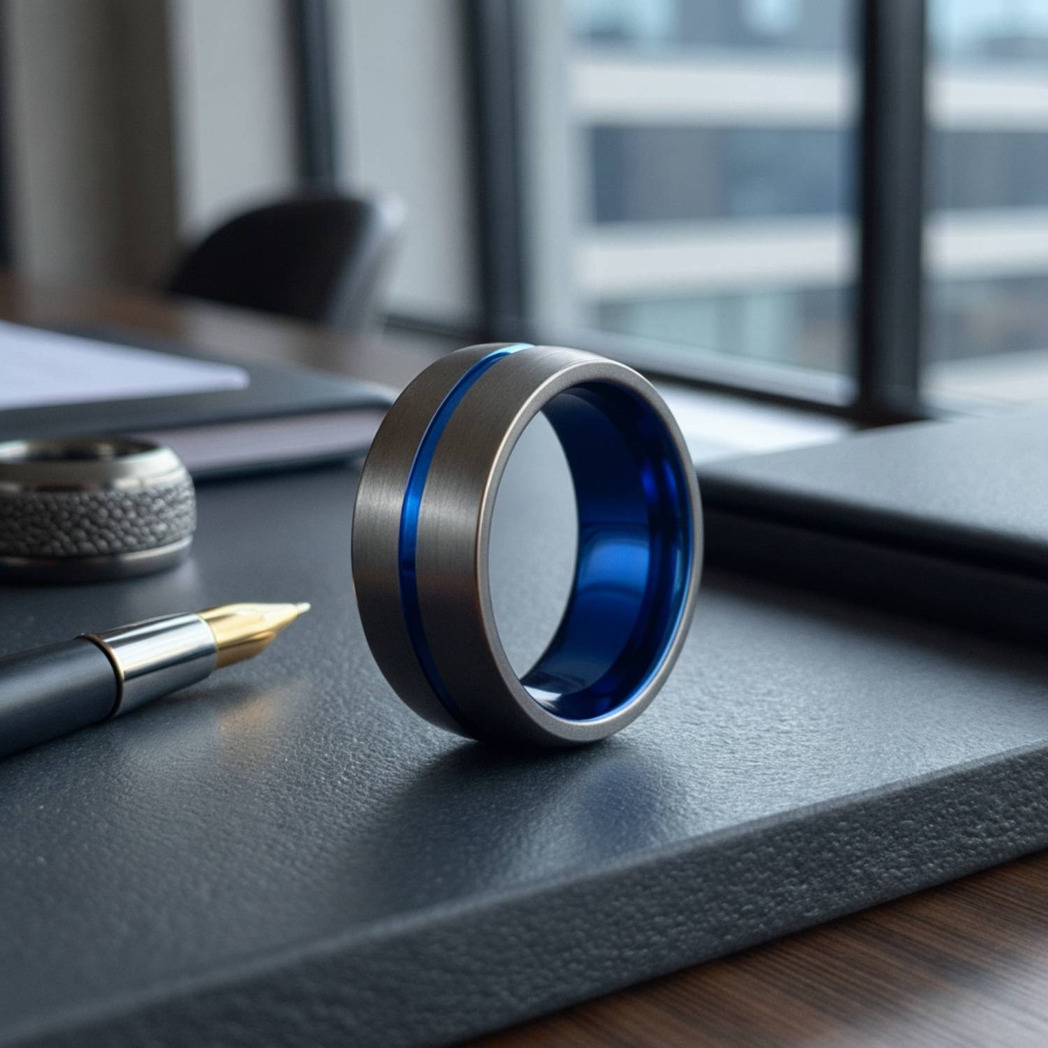 Showing an elegant office setting, a gunmetal grey tungsten ring stands upright on the desk, alongside a fountain pen. The ring has a brushed finish and features a distinctive groove of vibrant blue.