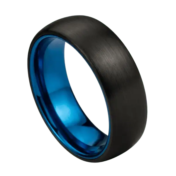 Close-up of the Valley 8mm brushed black tungsten ring on a white background, showing its matte black exterior and polished blue interior.